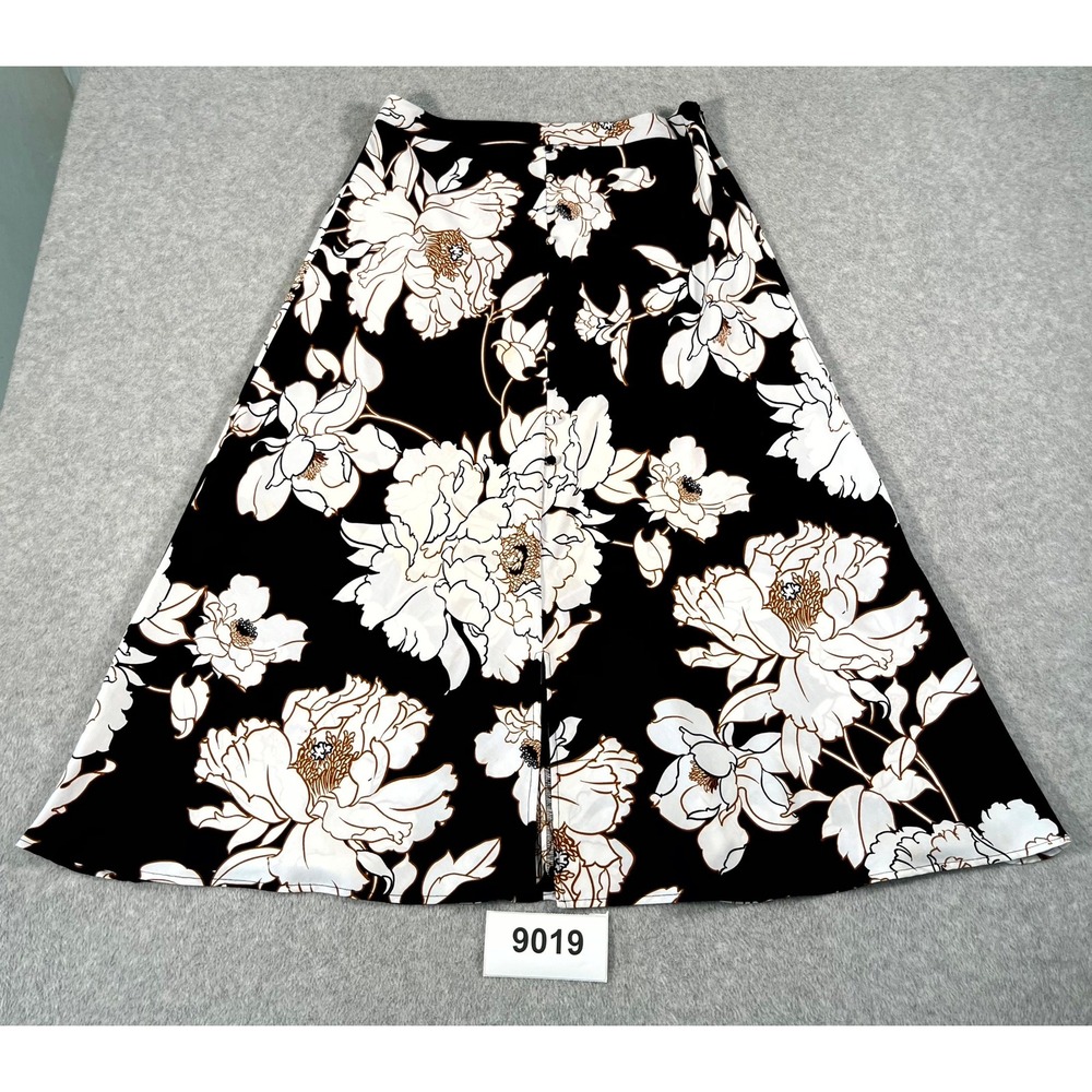 APT .9 Flowy A Line Skirt Womens Medium Black Beige Floral Back Slit Casual